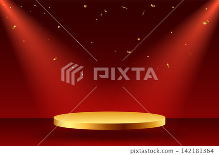 elegant 3d golden stage for object with confetti and light effect elegant 3d golden stage for object with confetti and light effect 142181364