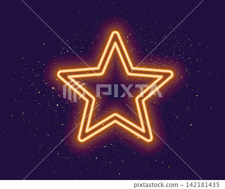glowing orange neon star icon with golden glitter on purple background 142181435