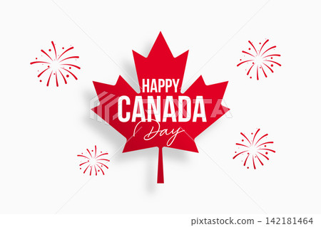 happy canada day greeting background with red maple leaf and fireworks celebration 142181464