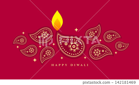 happy diwali greeting background with golden paisley diya design happy diwali greeting background with golden paisley diya design 142181469