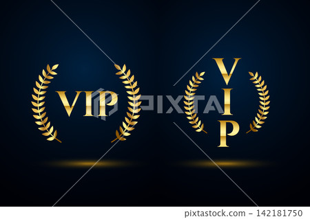 set of luxury golden vip emblems with laurel wreaths on dark background 142181750