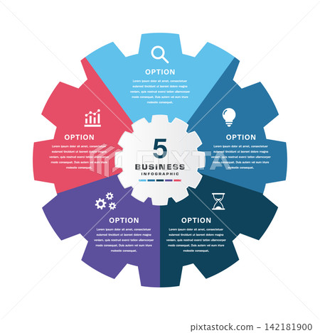 Business Infographic Gear Five Options Mechanical Interconnected Workflow Template Business Infographic Gear Five Options Mechanical Interconnected Workflow Template 142181900