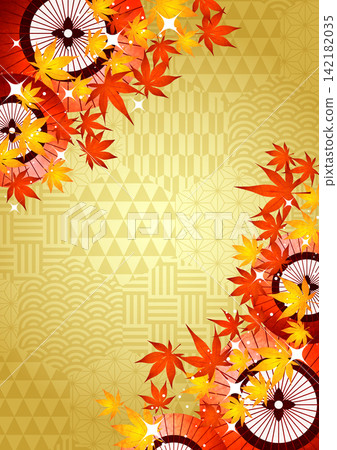Gold honeycomb Japanese pattern with autumn leaves and Japanese umbrella, background, autumn, cute, illustration, vertical Gold honeycomb Japanese pattern with autumn leaves and Japanese umbrella, background, autumn, cute, illustration, vertical 142182035