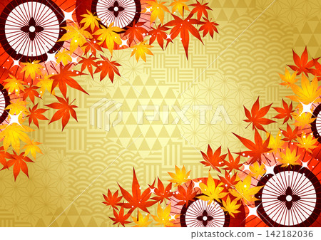 Gold honeycomb Japanese pattern with autumn leaves and Japanese umbrella, background, autumn, cute, illustration, horizontal Gold honeycomb Japanese pattern with autumn leaves and Japanese umbrella, background, autumn, cute, illustration, horizontal 142182036