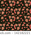 Seamless pattern of watercolor rowan berries and colorful autumn foliage on a dark background. 142182221