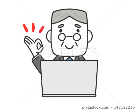 A senior male office worker makes an OK sign in front of his computer. A senior male office worker makes an OK sign in front of his computer. 142182250