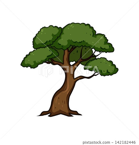 Green leafy tree with curved brown trunk Green leafy tree with curved brown trunk 142182446