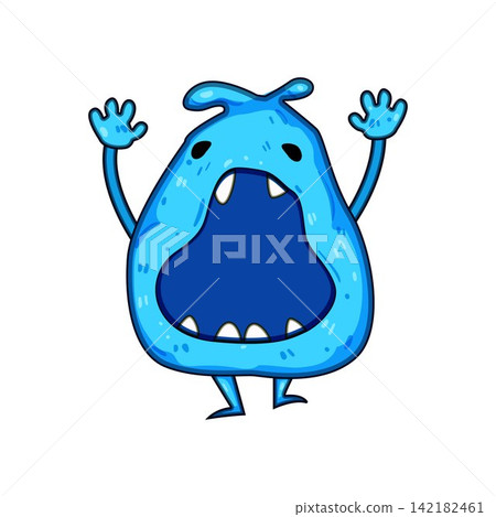 Blue cartoon monster character screaming with open mouth 142182461