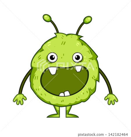Cute green furry monster character smiling wide Cute green furry monster character smiling wide 142182464