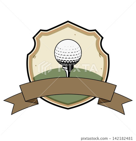 Golf ball on tee inside shield emblem Golf ball on tee inside shield emblem 142182481