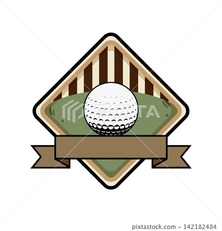 Golf ball emblem badge with blank ribbon banner Golf ball emblem badge with blank ribbon banner 142182484
