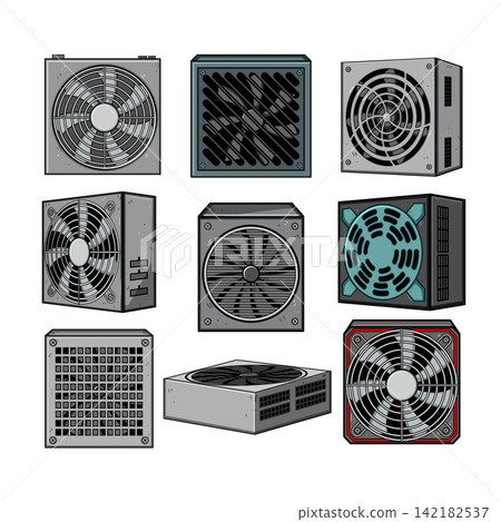 Computer power supply units collection illustration for electronics Computer power supply units collection illustration for electronics 142182537