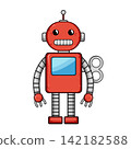 Red retro toy robot standing with winding key 142182588