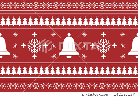 Red holiday sweater pattern background featuring white Christmas bells, pine trees, snowflakes Red holiday sweater pattern background featuring white Christmas bells, pine trees, snowflakes 142183137