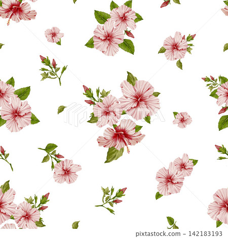 Tropical hibiscus flowers watercolor seamless pattern on white background . Floral summer print with blooming garden plant elements Tropical hibiscus flowers watercolor seamless pattern on white background . Floral summer print with blooming garden plant elements 142183193