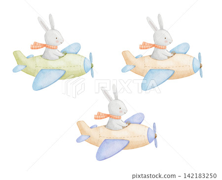 Cute cartoon bunny pilot in airplane. Adorable baby animal character perfect for nursery design, kid shirts, watercolour illustrations. Cute cartoon bunny pilot in airplane. Adorable baby animal character perfect for nursery design, kid shirts, watercolour illustrations. 142183250