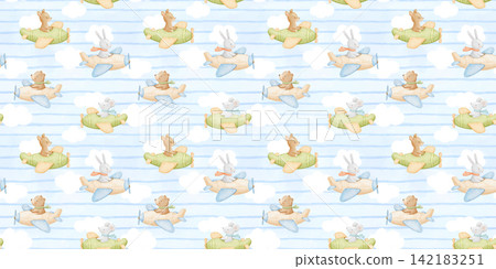 Seamless striped pattern with cute animals flying vintage plane in clouds. Childish characters for kids. Watercolour hand drawn sky illustrations, funny bear, bunny and baby kangaroo 142183251