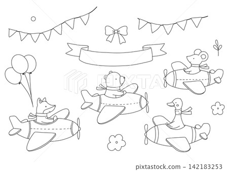 Cute animals flying plane for coloring books and printable page. Cartoon animal pilot characters set. Childish simple line drawing for kids. Vector isolated monochrome illustration on white background Cute animals flying plane for coloring books and printable page. Cartoon animal pilot characters set. Childish simple line drawing for kids. Vector isolated monochrome illustration on white background 142183253