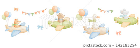 Seamless border with cute goose, bear and fox flying vintage plane. Childish characters for kids. Watercolour illustrations on isolated repeating background for birthday design, party flags Seamless border with cute goose, bear and fox flying vintage plane. Childish characters for kids. Watercolour illustrations on isolated repeating background for birthday design, party flags 142183254
