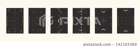 Collection of cards featuring celestial elements and symbols of mysticism and the occult Collection of cards featuring celestial elements and symbols of mysticism and the occult 142183369