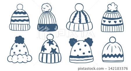 Winter knitted hats set in doodle style Winter knitted hats set in doodle style 142183376