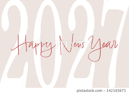 2027 年新年賀卡、卡片、相框、明信片、廣告、傳單、明信片模板、橫向格式、背景、大字體。 142183671