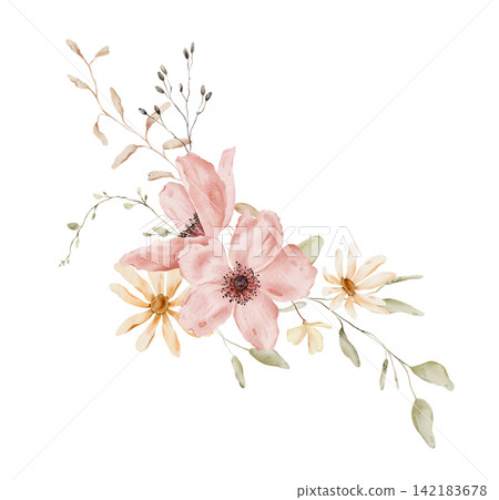 Watercolor Floral Bouquet. Cascading asymmetrical Composition with Pink Anemones, Yellow Daisies and Green Foliage on White Background. Hand-painted illustrations. Muted autumn colour cottagecore Watercolor Floral Bouquet. Cascading asymmetrical Composition with Pink Anemones, Yellow Daisies and Green Foliage on White Background. Hand-painted illustrations. Muted autumn colour cottagecore 142183678