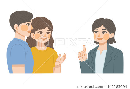 一幅插圖，描繪了一位男性顧客、一位女性顧客和一位女性銷售代表面帶微笑地交談。 142183694