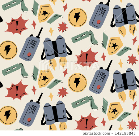 Superhero vector seamless pattern. Texture with heroic masks, jetpacks, shields, and symbols on light background. Superhero vector seamless pattern. Texture with heroic masks, jetpacks, shields, and symbols on light background. 142183845