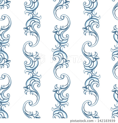 A seamless pattern with a decorative blue ornament in the Baroque style. Hand drawn watercolor illustration. Perfect for textiles, tablecloths and curtains, for prints, backgrounds, wallpaper and more A seamless pattern with a decorative blue ornament in the Baroque style. Hand drawn watercolor illustration. Perfect for textiles, tablecloths and curtains, for prints, backgrounds, wallpaper and more 142183939
