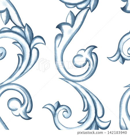 A seamless pattern with a decorative blue ornament in the Baroque style. Hand drawn watercolor illustration. Perfect for textiles, tablecloths and curtains, for prints, backgrounds, wallpaper and more A seamless pattern with a decorative blue ornament in the Baroque style. Hand drawn watercolor illustration. Perfect for textiles, tablecloths and curtains, for prints, backgrounds, wallpaper and more 142183940