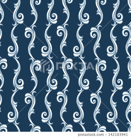 A seamless pattern with a decorative Baroque-style ornament. Hand-drawn watercolor illustration. Dark blue background. For textiles, tablecloths and curtains, for backgrounds, wallpaper and much more. A seamless pattern with a decorative Baroque-style ornament. Hand-drawn watercolor illustration. Dark blue background. For textiles, tablecloths and curtains, for backgrounds, wallpaper and much more. 142183941