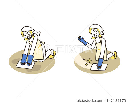 一幅描繪婦女用抹布擦拭地板的插圖。 一幅描繪婦女用抹布擦拭地板的插圖。 142184173