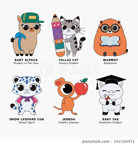 The image features six cute cartoon animals with a school and college theme. They are arranged in two rows of three characters each The image features six cute cartoon animals with a school and college theme. They are arranged in two rows of three characters each 142184452