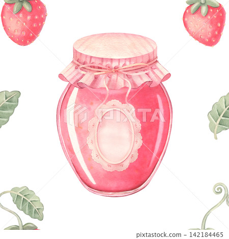 Seamless pattern with charming jam jars, strawberries. Hand-painted watercolor illustration isolated on white for kitchen textile, product, packaging, stationery, wallpaper, branding, design, decor Seamless pattern with charming jam jars, strawberries. Hand-painted watercolor illustration isolated on white for kitchen textile, product, packaging, stationery, wallpaper, branding, design, decor 142184465