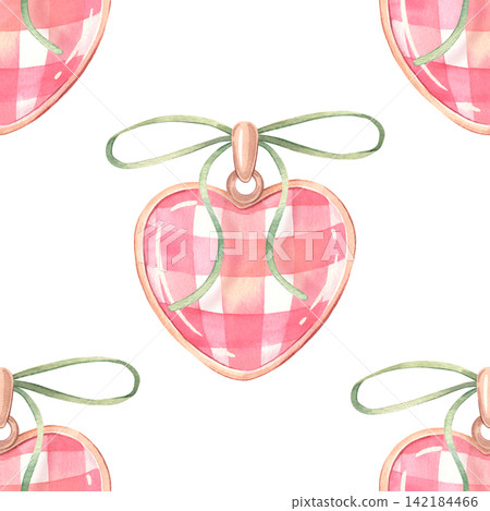 Coquette seamless pattern with checkered heart pendants. Hand-painted watercolor illustration isolated on white for jewelry, fashion, textile, stationery, wallpaper, packaging, decor, accessories 142184466