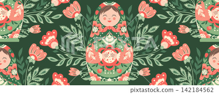 Vector seamless pattern with cute Russian nesting doll matryoshka and floral folk ornament on dark green background. Vector seamless pattern with cute Russian nesting doll matryoshka and floral folk ornament on dark green background. 142184562