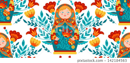 Vector seamless pattern with cute nesting doll and colorful folk flowers on white background. Texture with matryoshka dolls 142184563