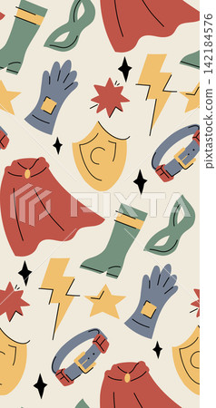 Superhero vector seamless pattern. Texture with superhero masks, capes, shields, and symbols on light background. Superhero vector seamless pattern. Texture with superhero masks, capes, shields, and symbols on light background. 142184576
