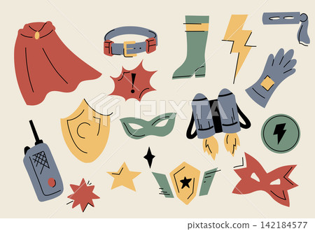 Superhero vector set. Collection of superhero masks, capes, shields, and symbols. Superhero vector set. Collection of superhero masks, capes, shields, and symbols. 142184577