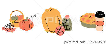 Set of vector autumn compositions isolated from the background. Collection of autumn designs in a childish hand-drawn style Set of vector autumn compositions isolated from the background. Collection of autumn designs in a childish hand-drawn style 142184591