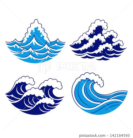The image shows a selection of four stylized vector illustrations of blue ocean waves and surf with white foamy crests The image shows a selection of four stylized vector illustrations of blue ocean waves and surf with white foamy crests 142184593
