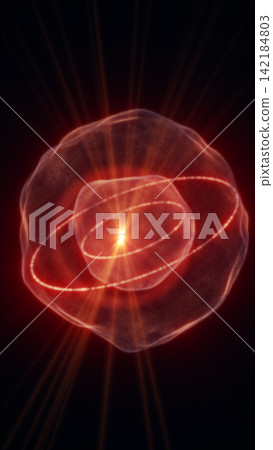 Glowing red abstract atomic orb with bright nucleus, orbiting particle trails, and dark scientific energy background. 142184803