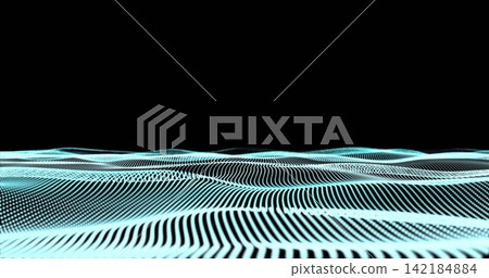 Flowing neon cyan wireframe mesh forming undulating terrain at dark void, with dotted grid Flowing neon cyan wireframe mesh forming undulating terrain at dark void, with dotted grid 142184884