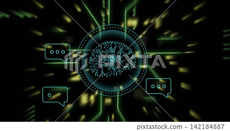 Projecting holographic circular interface with schematic brain labeled AI, emitting neon chat icons Projecting holographic circular interface with schematic brain labeled AI, emitting neon chat icons 142184887