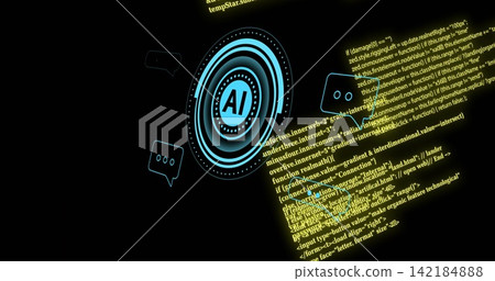 Glowing cyan AI emblem pulsing left-center on virtual interface, streaming neon code and chat icons Glowing cyan AI emblem pulsing left-center on virtual interface, streaming neon code and chat icons 142184888