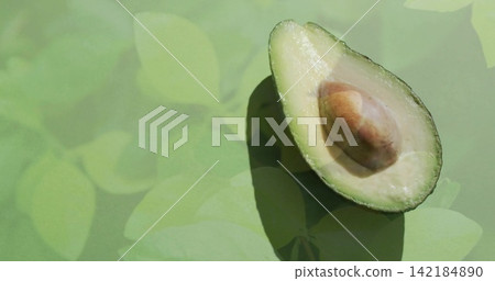 Resting halved avocado showing creamy flesh, brown seed, rind and shadow on leaf motif, copy space Resting halved avocado showing creamy flesh, brown seed, rind and shadow on leaf motif, copy space 142184890
