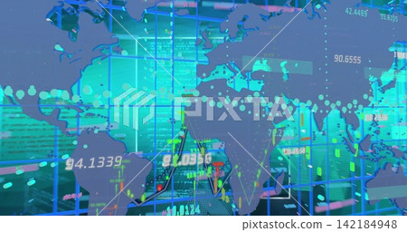 Visualizing world map on virtual trading dashboard, showing candlesticks, numeric readouts. Global, market, data, visualization, neon, glow, translucent Visualizing world map on virtual trading dashboard, showing candlesticks, numeric readouts. Global, market, data, visualization, neon, glow, translucent 142184948