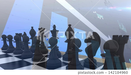 Displaying row dark glossy chess pieces on black-white chessboard in modern studio with blue panels. Pawns, knight, queen, rook, bishop, reflections, holographic Displaying row dark glossy chess pieces on black-white chessboard in modern studio with blue panels. Pawns, knight, queen, rook, bishop, reflections, holographic 142184960