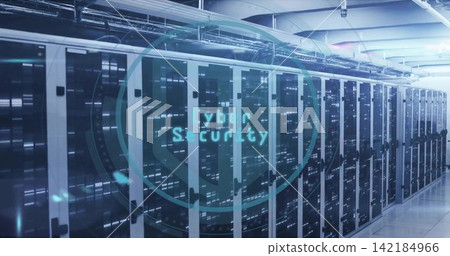 Stretching glass-front racks flashing LED lights along data center aisle, Cyber Security hologram. Infrastructure, server, cabinet, corridor, cable, blue, digital Stretching glass-front racks flashing LED lights along data center aisle, Cyber Security hologram. Infrastructure, server, cabinet, corridor, cable, blue, digital 142184966